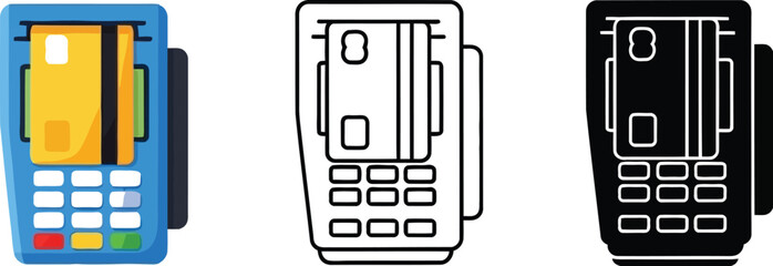 Pos terminal vector illustration set payment machine with credit card reader for financial transactions