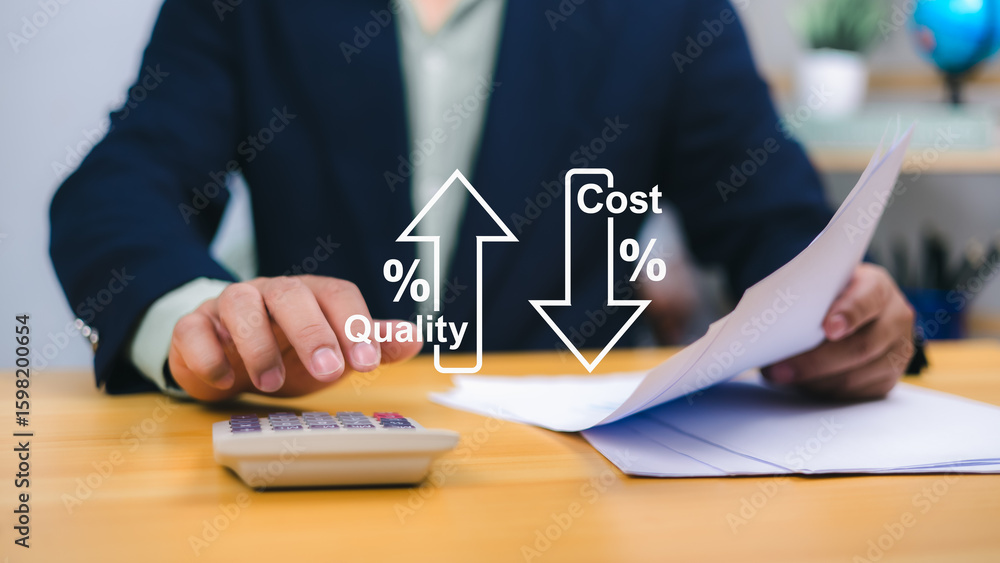 Poster cost management strategy illustrated by a businessman analyzing documents and using a calculator to 