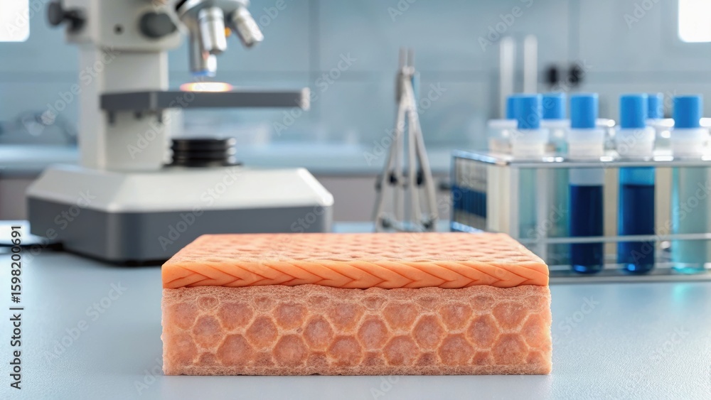 Poster a laboratory setting features a textured block in the foreground with a microscope and laboratory eq