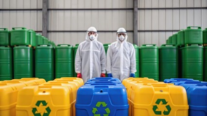 Two workers in protective gear stand among colorful recycling containers in a warehouse, emphasizing safety and environmental responsibility.