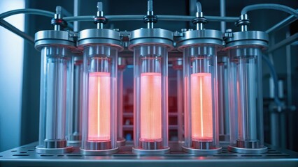 High-tech laboratory equipment with glowing tubes, showcasing advanced scientific processes and technology.