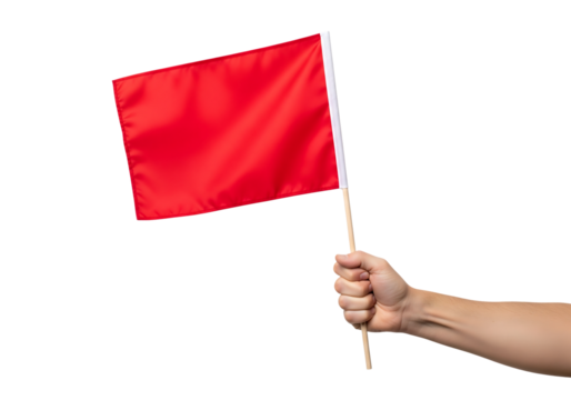 Hand holding a small waving red flag on a stick. Isolated on transparent background, png