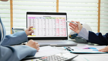 Expert woman asian people discuss review data number costing managerial account prepare monthly...