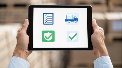 A person holds a tablet displaying icons for tasks, delivery, and checklists, symbolizing organization and logistics in a warehouse environment.