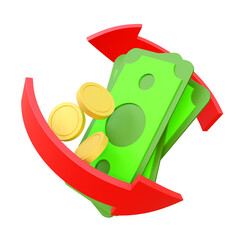 Money bills and gold coins with arrow, cashback concept on isolated background. Currency exchange illustration. Concept of currency exchange or cashback. Money conversion concept. Money savings.