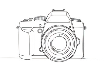 A detailed line drawing of a modern digital camera with a large lens capturing the