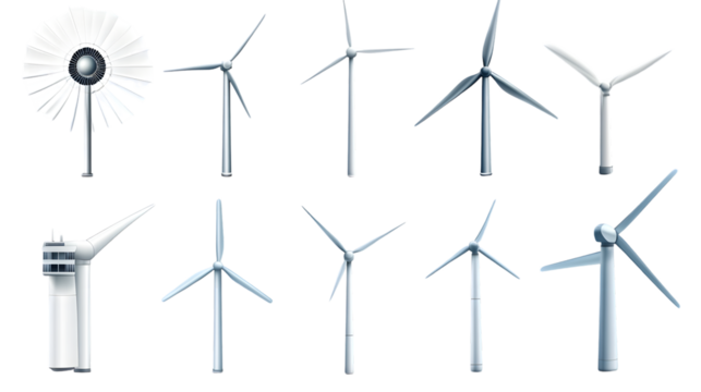 Collection of Wind Turbines Isolated on Transparent Background - Powered by Adobe