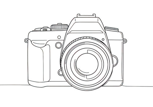 A detailed line drawing of a modern digital camera with a large lens capturing the