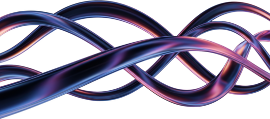 Abstract metallic ribbons intertwine showcasing iridescent purple and blue hues against a dark void transparent background