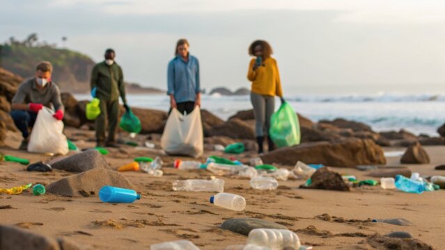 People collecting plastic waste on a beach, highlighting environmental conservation efforts and community involvement.
