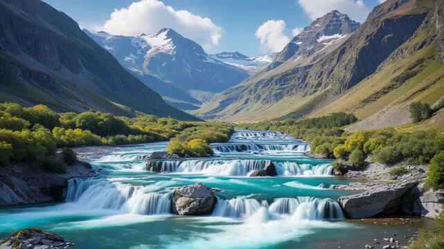 Stunning Animated Time-Lapse of a Vibrant River Cascade in a Majestic Mountain Valley