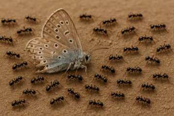 Many black ants swarm a dead blue and brown butterfly on brown earth dead butterfly insect