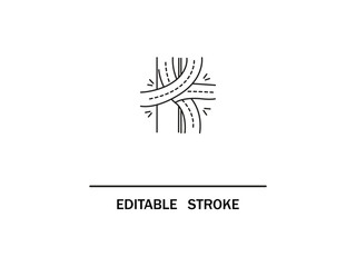 Roads with dashed lines crossing each other in abstract black and white design concept. Road junction with editable stroke is a simple design showing transportation infrastructure.