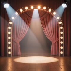 Stage entrance with spotlights and red curtains theater