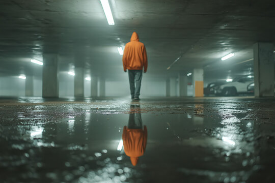Man in orange hoodie walks through a dimly lit parking garage reflecting on wet pavement near parked cars