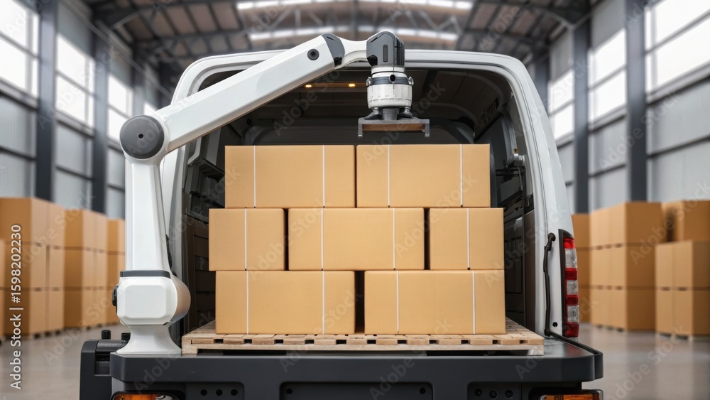 Poster a robotic arm unloading boxes from a delivery van inside a warehouse, showcasing automation in logis