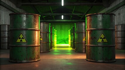 Storage area featuring green-lit barrels marked with radiation symbols, suggesting hazardous materials or waste management.