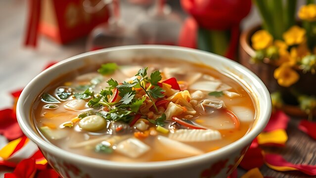 Vietnam National Day flag on silk cushion with bamboo leaves and lanterns
