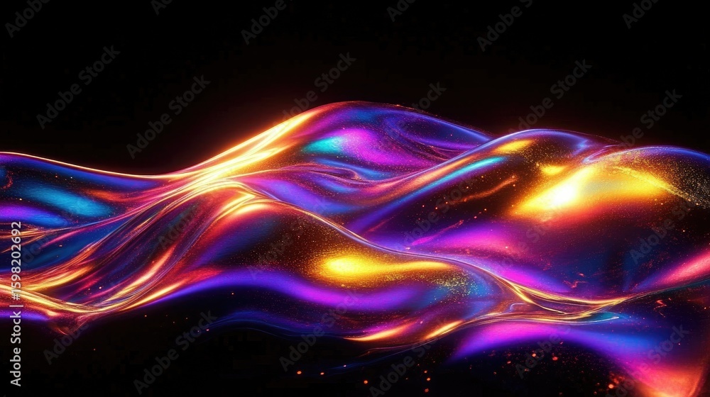 Poster iridescent flowing abstract surface waves with dynamic lighting on black background