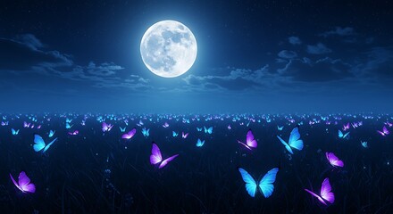 Fototapeta premium Colorful Butterflies Flying Over Grass Field Under Full Moon in Night Sky