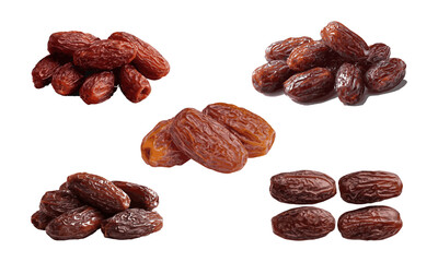 Modern vector illustration set of brown dry dates (khajur) with wrinkled texture,  view of a dried date fruit with a glossy, wrinkled surface and rich amber brown color, easily editable and scalable.