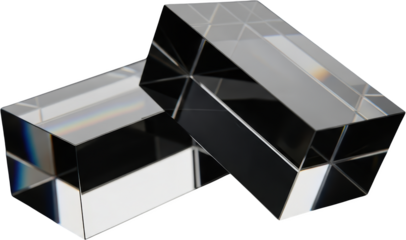 Two transparent geometric crystal blocks refract light creating subtle rainbow effects on their surfaces transparent background