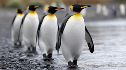 Fototapeta premium A close-up of several king penguins walking on a pebbled beach, with shallow waves reflecting the morning light. 