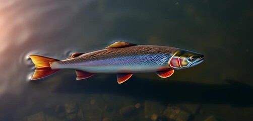 Fototapeta premium A lone trout, partially submerged, in a calm pond reflecting the sky, calm, swimming