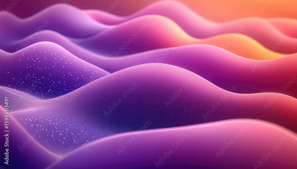 Poster smooth abstract wavy shape pattern with sparkling particles in purple and pink hues