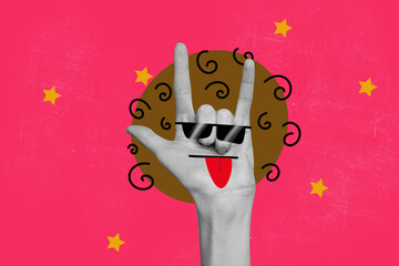 Composite 3d art pop image collage of hand show rock roll gesture sunglass tongue emotions smiley non-verbal communication