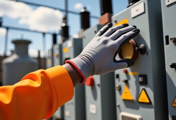 Gloved Hand Operating Industrial Electrical Control Panel