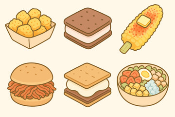 Pastel cartoon icon set of USA festival food. Fun and friendly look perfect for event posters, menus, and children’s apps.