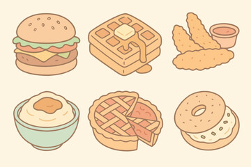 Hand-drawn USA fair food vector set with soft tones and friendly cartoon look. Ideal for menus, kids' designs, and food apps.