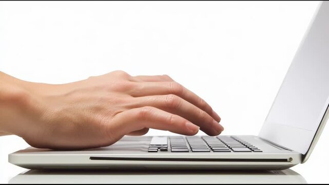 A close up shot of hands typing on a silver laptop against a stark white background in side view