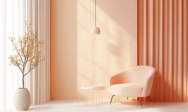 modern living room interior with peach-colored walls and accents, soft light, cozy minimal furniture, trendy color of 2025