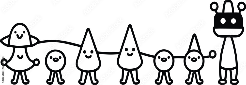 Aufkleber vector art of a simple black and white line drawing of various cute, funny cartoon characters connec