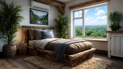 A well-organized teenage bedroom design rendered in high detail, featuring a brown bed, white walls, warm wooden floor, a small white cabinet, and a window view of grassy hills.