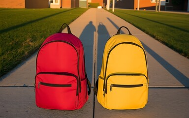 Fototapeta premium Two colorful backpacks ready for school on a sunny day