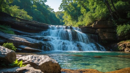 A serene waterfall flowing over rocks into a clear pool surrounded by lush green trees.