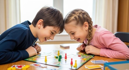 Two children playing a board game at a table.