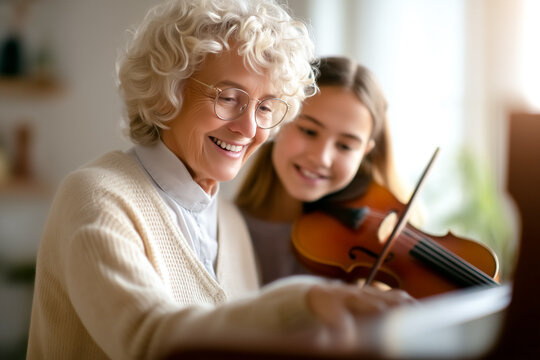 Elderly woman smiling while guiding young girl with violin at piano. Warm atmosphere in sunlit room with soft décor. Concept of music education, bonding, creative arts