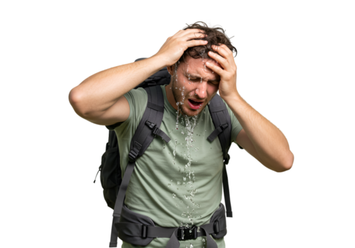 Photo of Exhausted Hiker Sweating and Dehydrated