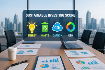 Sustainable investing score concept with energy waste carbon and esg icons on office table showing charts and graphs for environmental social governance and sustainable investing analysis