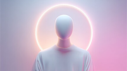 Abstract Futuristic Mannequin Under a Glowing Ring in Pastel Colors