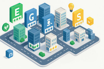 Sustainable investing concept with ESG rating blocks above city buildings showing environmental social and governance factors for responsible investment decisions and growth