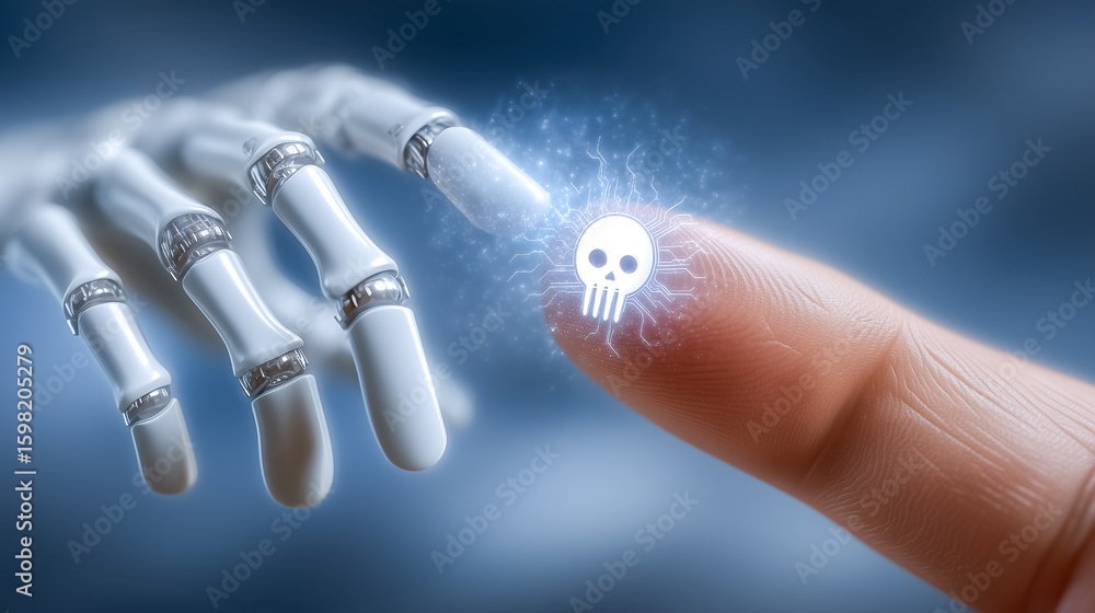Aufkleber robotic hand extending to touch human finger, symbolizing interaction between technology and humanit