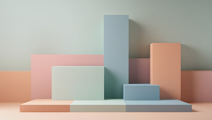 4K flat vector-style wallpaper simulating 3D depth using color blocks only, no shadows, calm pastel tones (mint, dusty blue, soft terracotta), illusion of dimension in simplicity