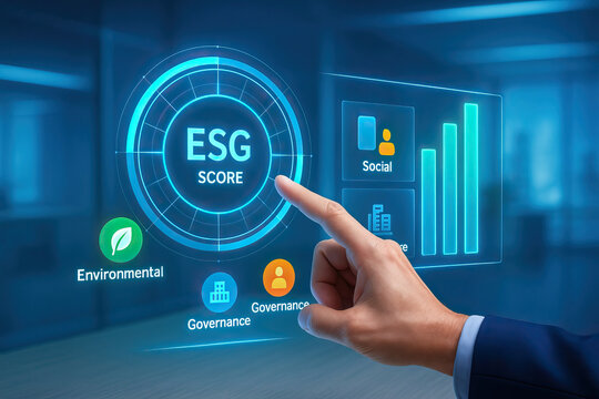 ESG score concept with digital interface showing environmental social and governance factors for sustainable investing and responsible business growth in modern finance
