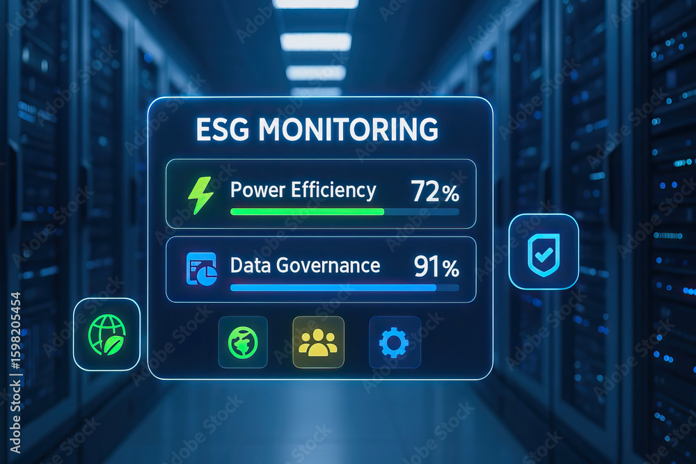 Poster esg monitoring dashboard displays power efficiency and data governance metrics in sustainable invest