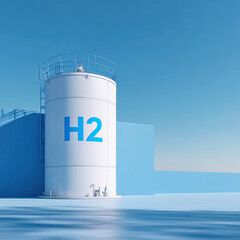 Hydrogen storage tank with large H2 symbol stands against clear blue sky, representing clean energy and industrial fuel storage in minimalistic outdoor setting